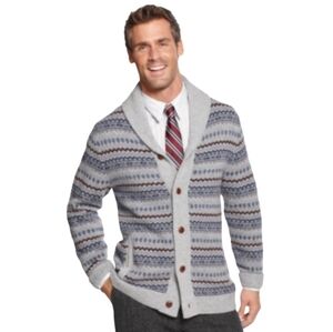 Tasso Elba Men's Lambswool and Nylon Gray and Blue Fair Isle Cardigan Size M NWT